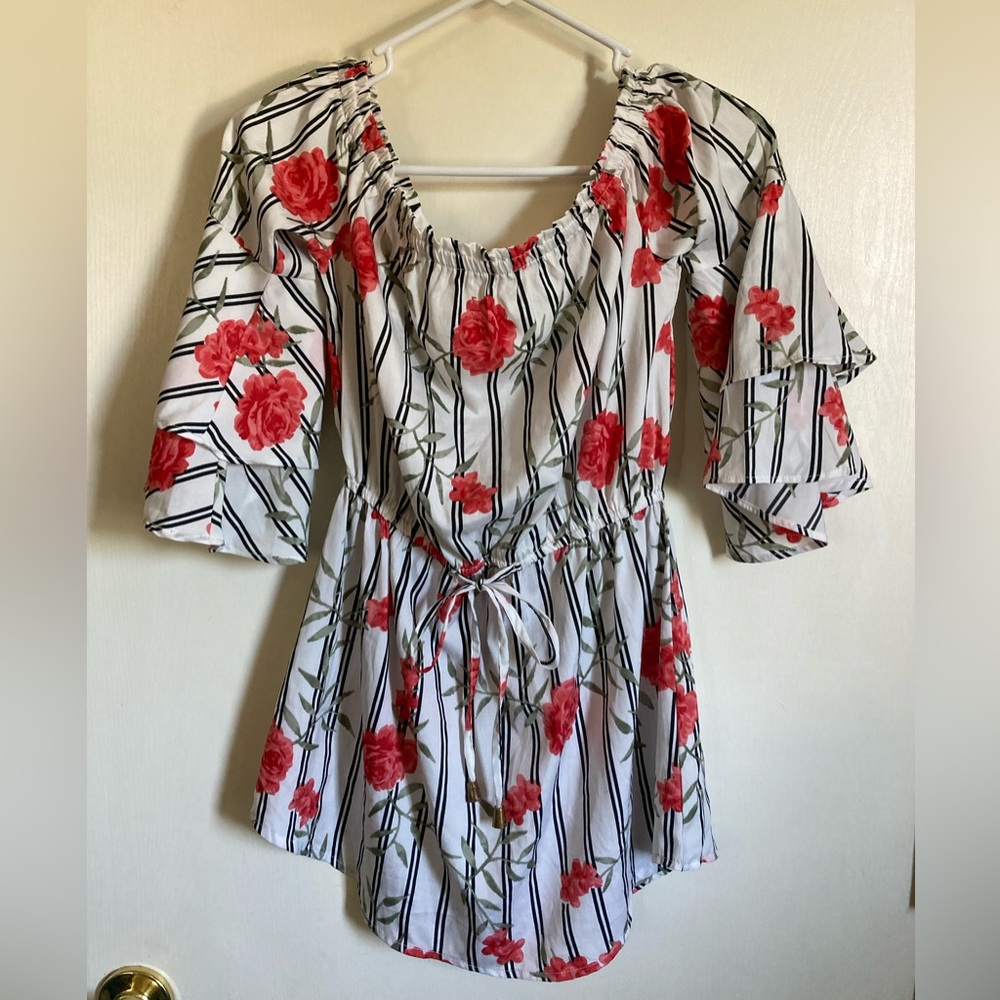 *Blush White Striped Floral Small Y2K Off Shoulder Layered Bell Sleeve Blouse #S